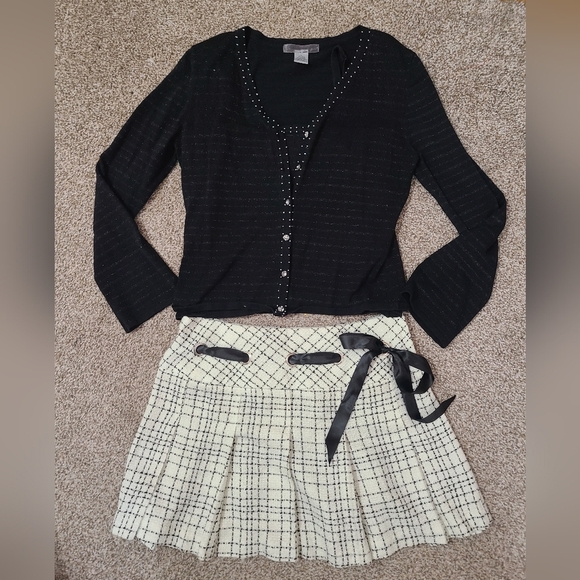 Striped Metallic Thread Beaded Crystal Button Y2k Sweater Tank Top Set - Picture 2 of 8